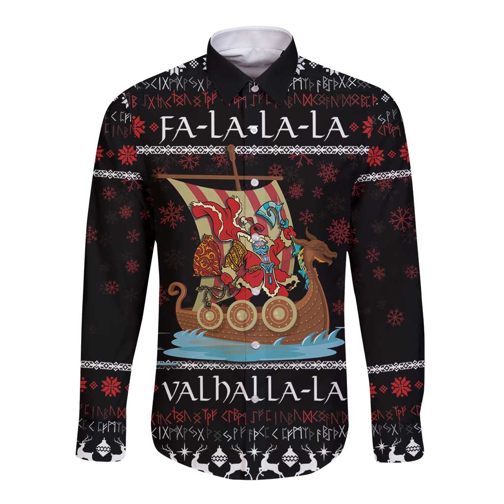 Black long-sleeve button shirt with colorful Viking character and snowflake pattern, front