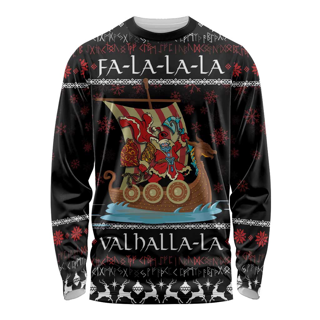 Black long-sleeve shirt with Viking Santa graphic, snowflake and fair-isle border