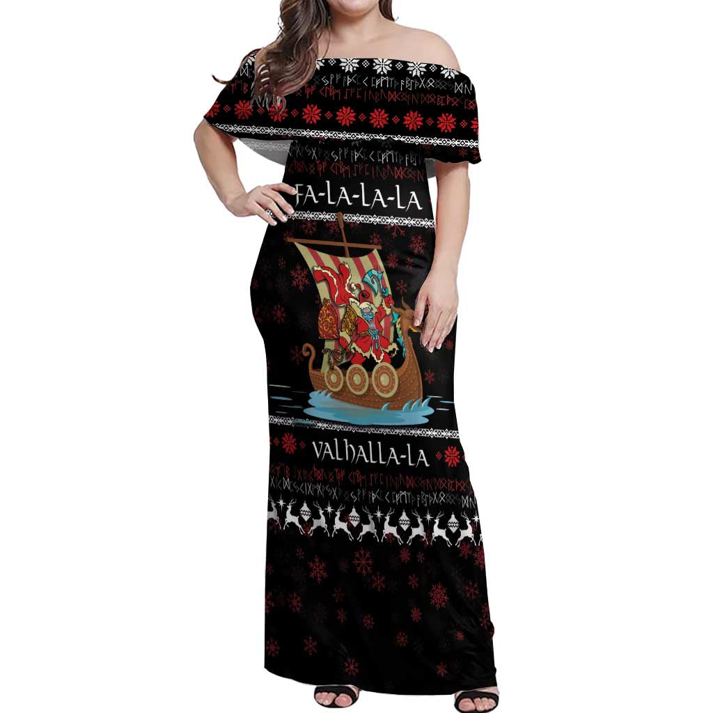 Vikings Christmas Off Shoulder Maxi Dress Santa Warrior on The Viking Ship with Xmas and Snowflake Pattern - Wonder Print Shop