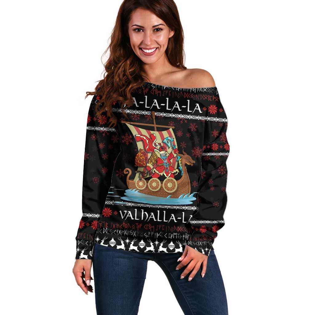 Vikings Christmas Off Shoulder Sweater Santa Warrior on The Viking Ship with Xmas and Snowflake Pattern - Wonder Print Shop