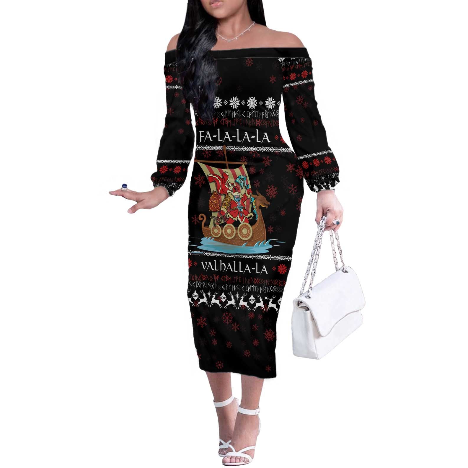 Vikings Christmas Off The Shoulder Long Sleeve Dress Santa Warrior on The Viking Ship with Xmas and Snowflake Pattern - Wonder Print Shop