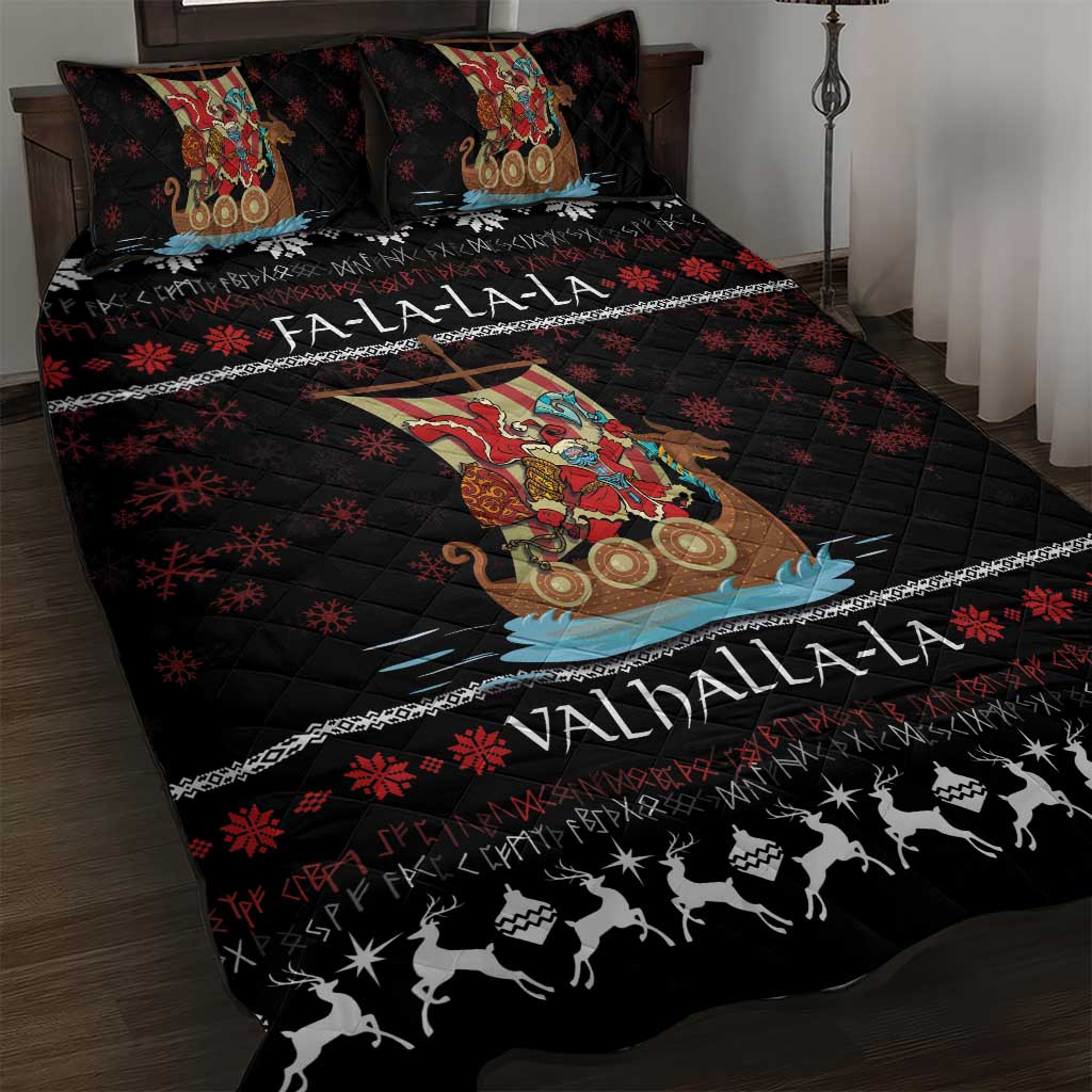 Vikings Christmas Quilt Bed Set Santa Warrior on The Viking Ship with Xmas and Snowflake Pattern