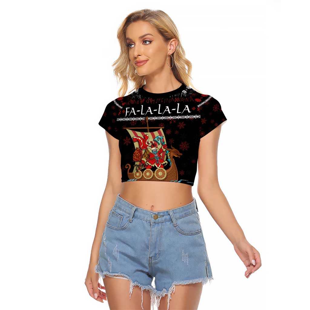 Vikings Christmas Raglan Cropped T Shirt Santa Warrior on The Viking Ship with Xmas and Snowflake Pattern