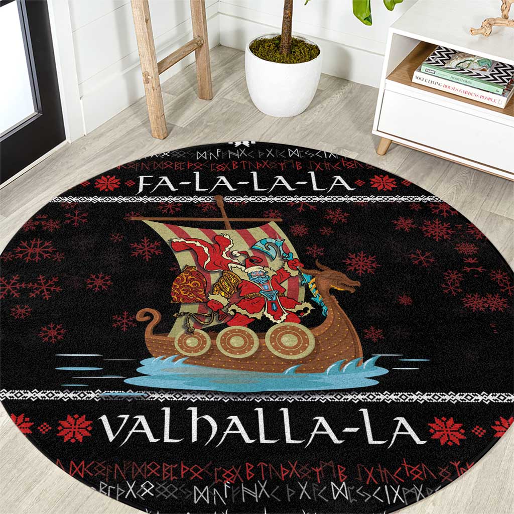 Vikings Christmas Round Carpet Santa Warrior on The Viking Ship with Xmas and Snowflake Pattern