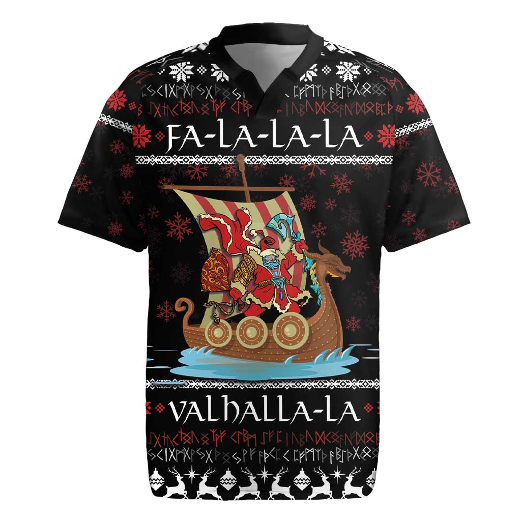 Vikings Christmas Rugby Jersey Santa Warrior on The Viking Ship with Xmas and Snowflake Pattern