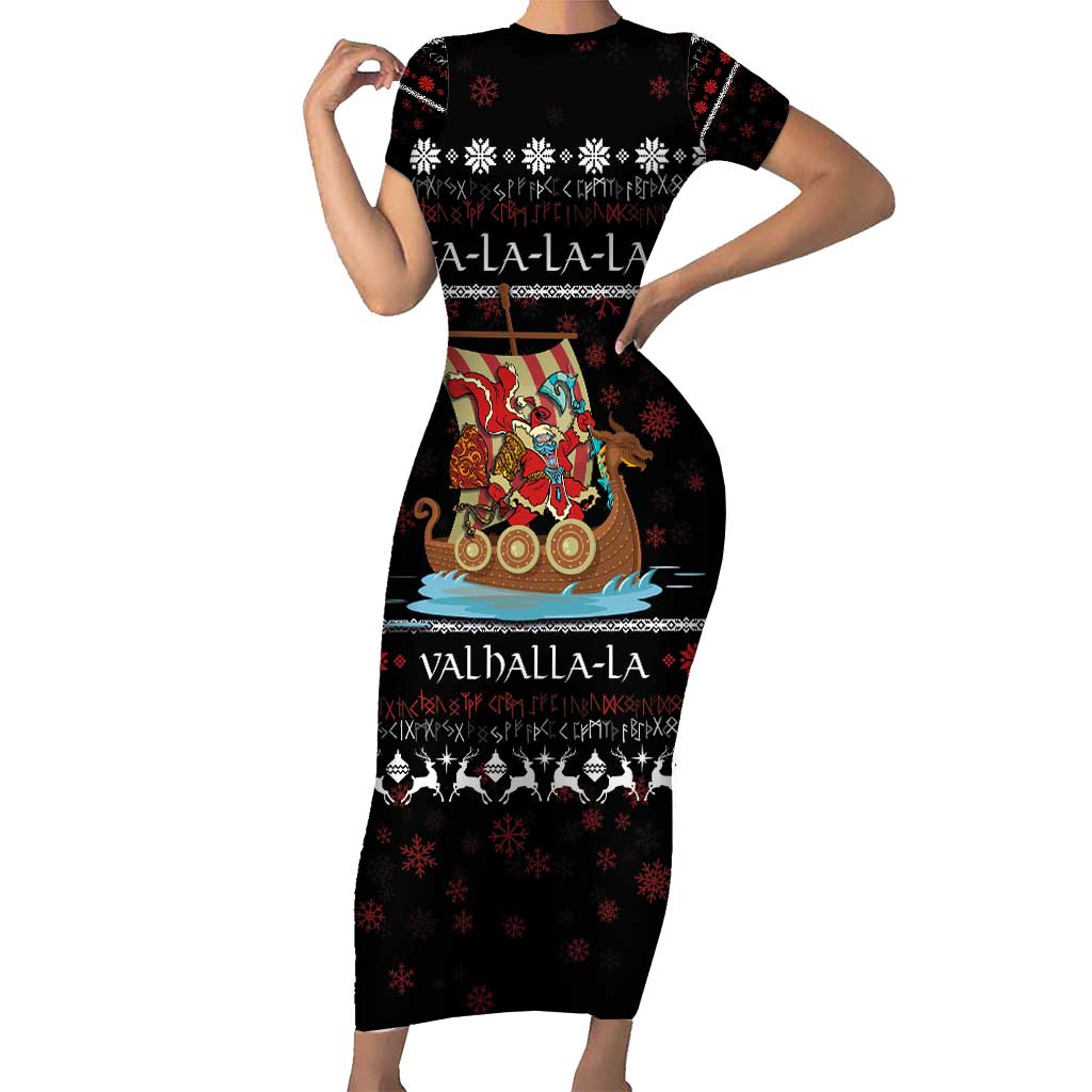 Vikings Christmas Short Sleeve Bodycon Dress Santa Warrior on The Viking Ship with Xmas and Snowflake Pattern