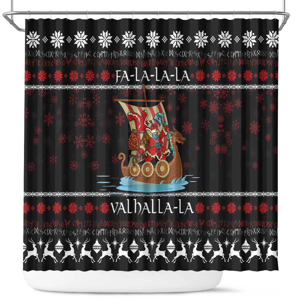 Vikings Christmas Shower Curtain Santa Warrior on The Viking Ship with Xmas and Snowflake Pattern