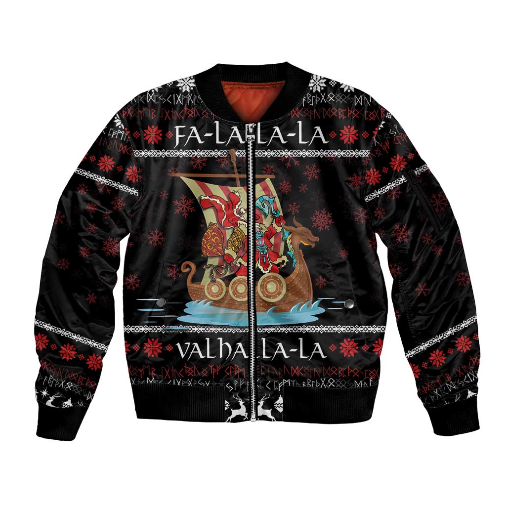 Vikings Christmas Sleeve Zip Bomber Jacket Santa Warrior on The Viking Ship with Xmas and Snowflake Pattern