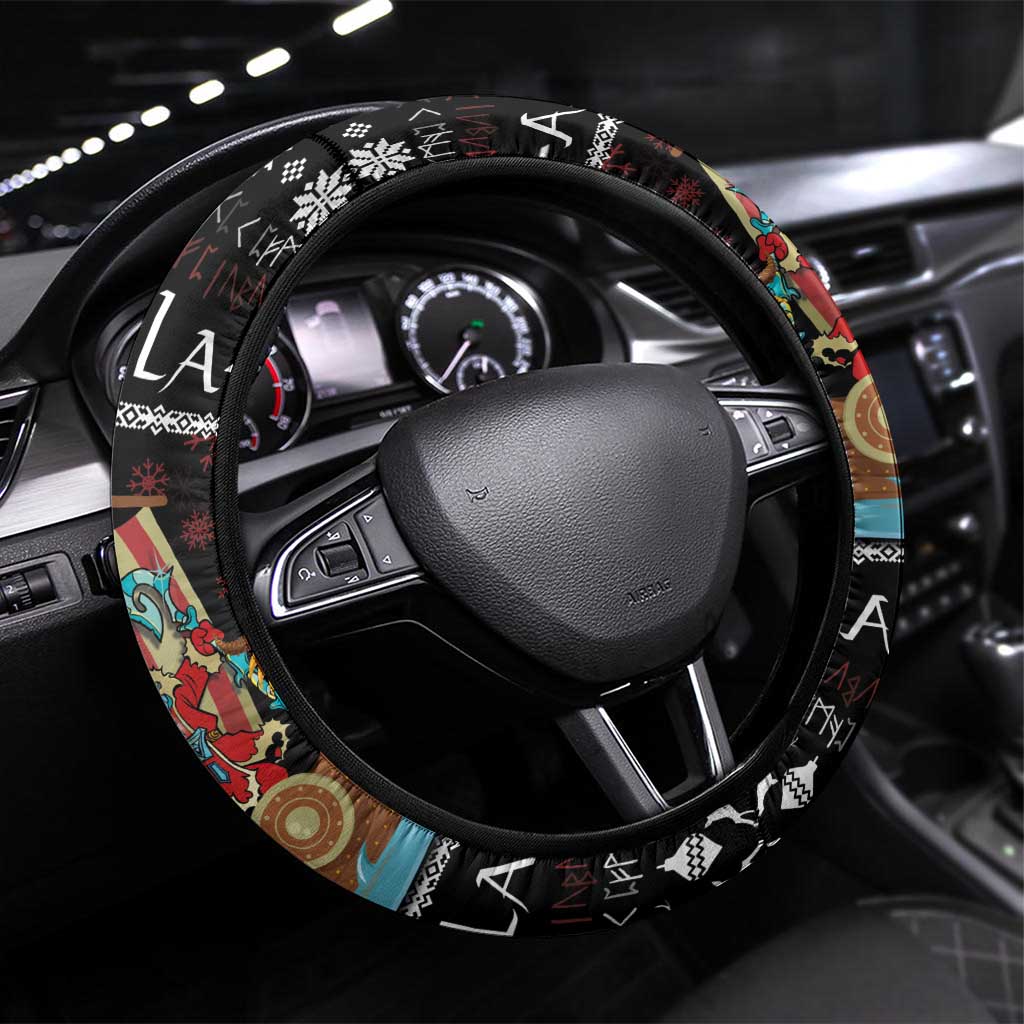 Vikings Christmas Steering Wheel Cover Santa Warrior on The Viking Ship with Xmas and Snowflake Pattern