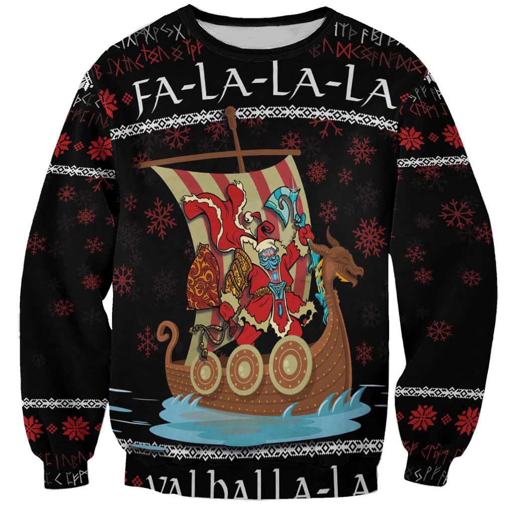 Unisex black Christmas sweatshirt with Viking ship graphic and fa-la-la winter pattern