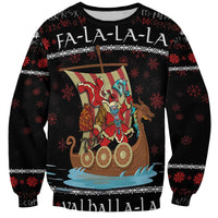 Unisex black Christmas sweatshirt with Viking ship graphic and fa-la-la winter pattern