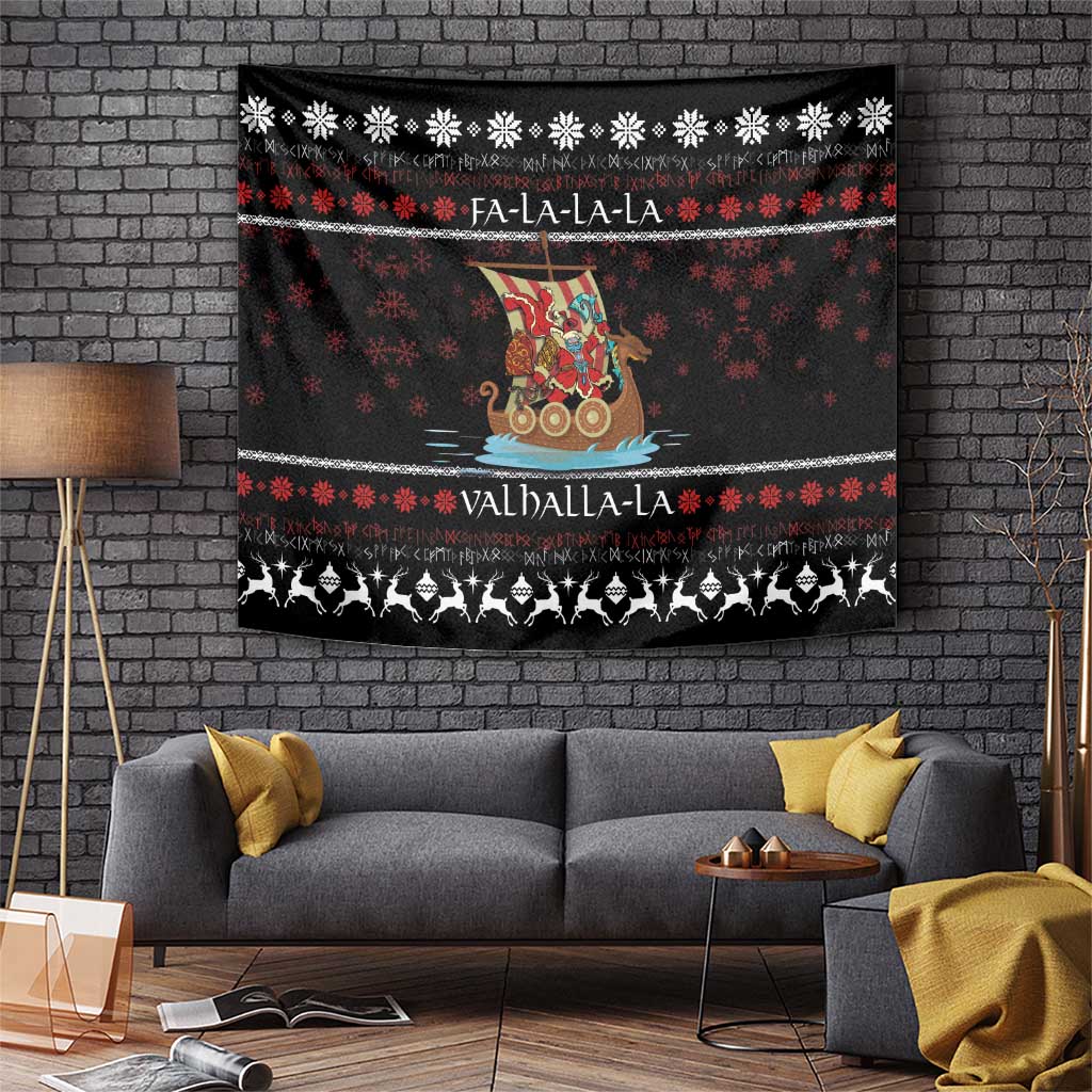 Black holiday tapestry with Viking Santa warrior on ship, snowflakes and fringe border