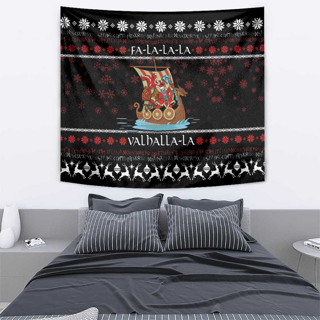 Black wall tapestry featuring Viking Santa warrior on sled with red snowflake pattern and border