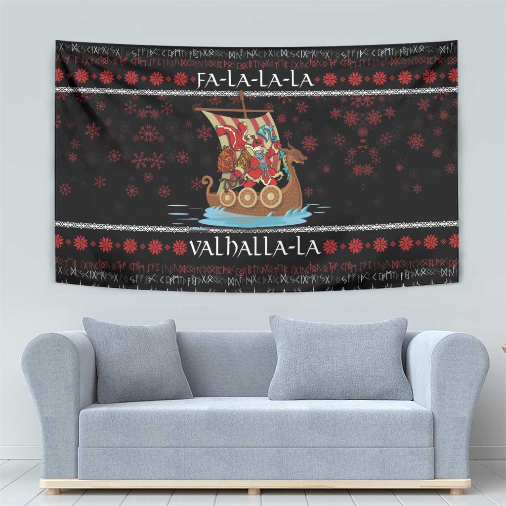 Black wall hanging tapestry with Viking Santa warrior on sled, red snowflake strips and edge trim