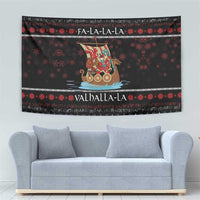 Black wall hanging tapestry with Viking Santa warrior on sled, red snowflake strips and edge trim