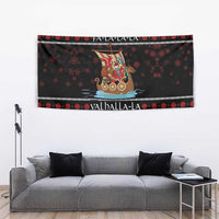 Black holiday tapestry with Viking Santa warrior on ship, red snowflakes and Valhalla lettering