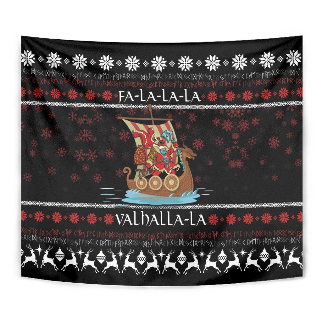 Black fabric tapestry with Viking Santa warrior on ship, red snowflake motifs and animal silhouette trim