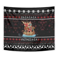 Black fabric tapestry with Viking Santa warrior on ship, red snowflake motifs and animal silhouette trim