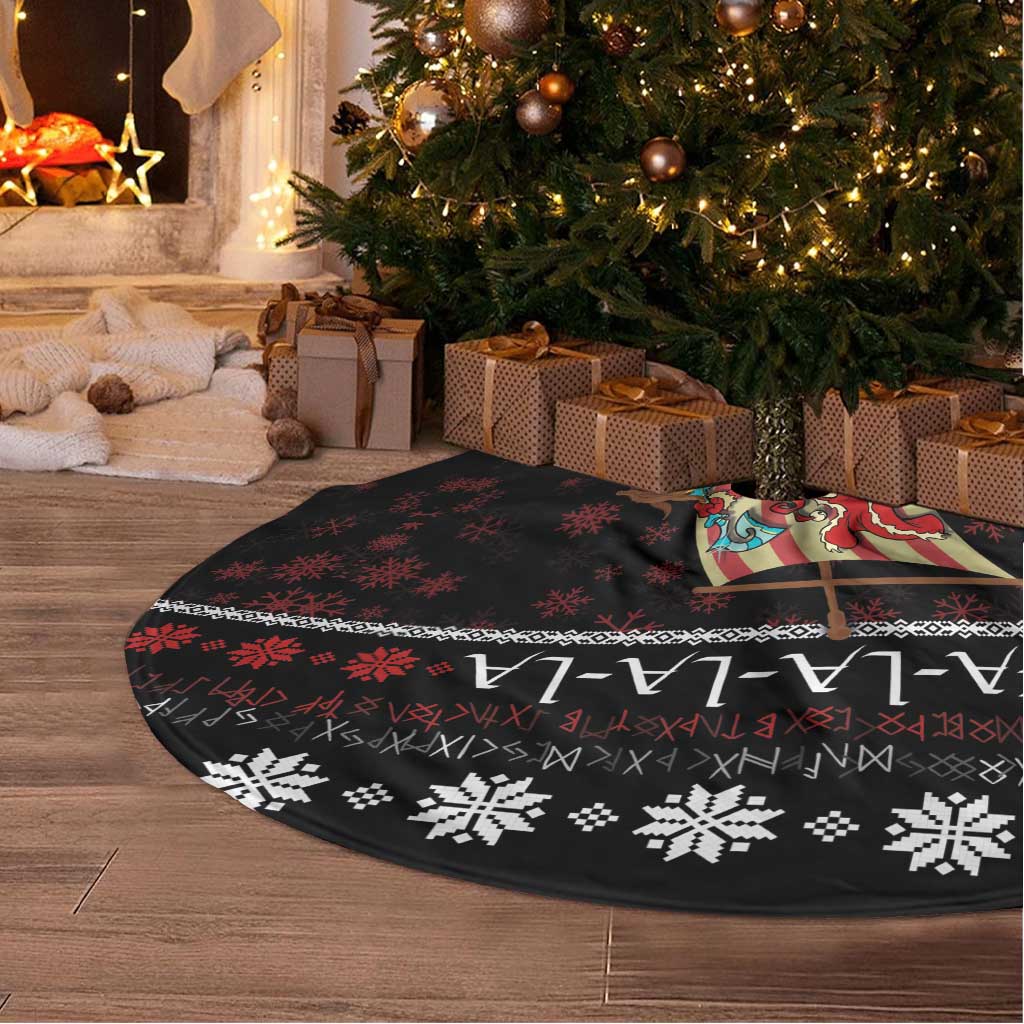 Black round Christmas tree skirt with Nordic snowflakes and red pattern, fringe edge