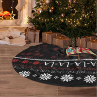 Black round Christmas tree skirt with Nordic snowflakes and red pattern, fringe edge