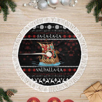 Black Christmas tree skirt with white fringe border and Viking reindeer Valhalla-la text