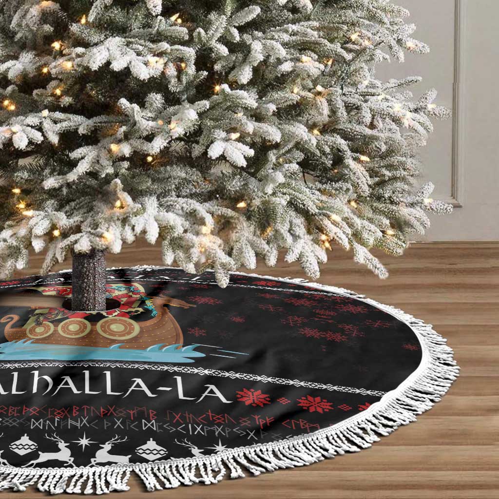 Black Christmas tree skirt with white fringe edge and Viking reindeer snowflake graphic