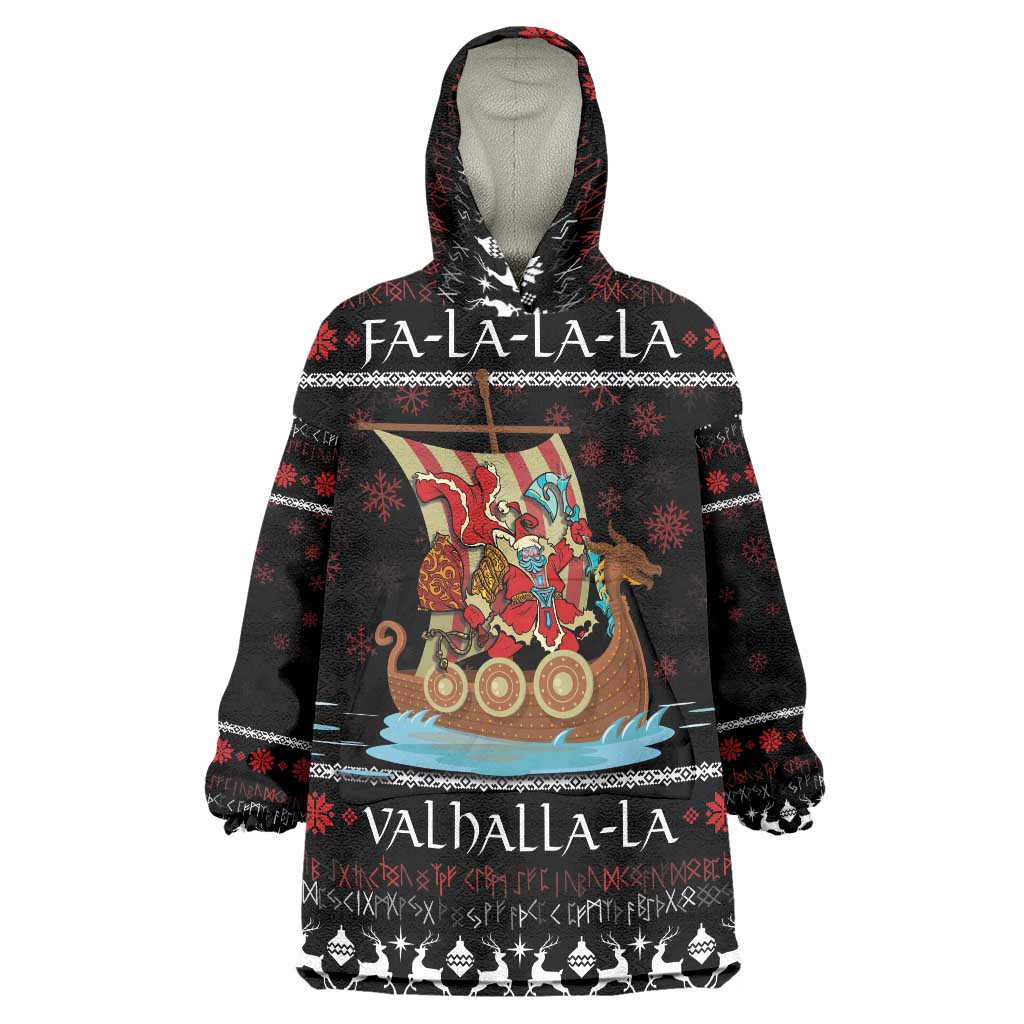 Vikings Christmas Wearable Blanket Hoodie Santa Warrior on The Viking Ship with Xmas and Snowflake Pattern