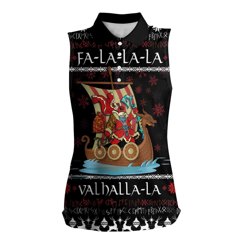 Vikings Christmas Women Sleeveless Polo Shirt Santa Warrior on The Viking Ship with Xmas and Snowflake Pattern