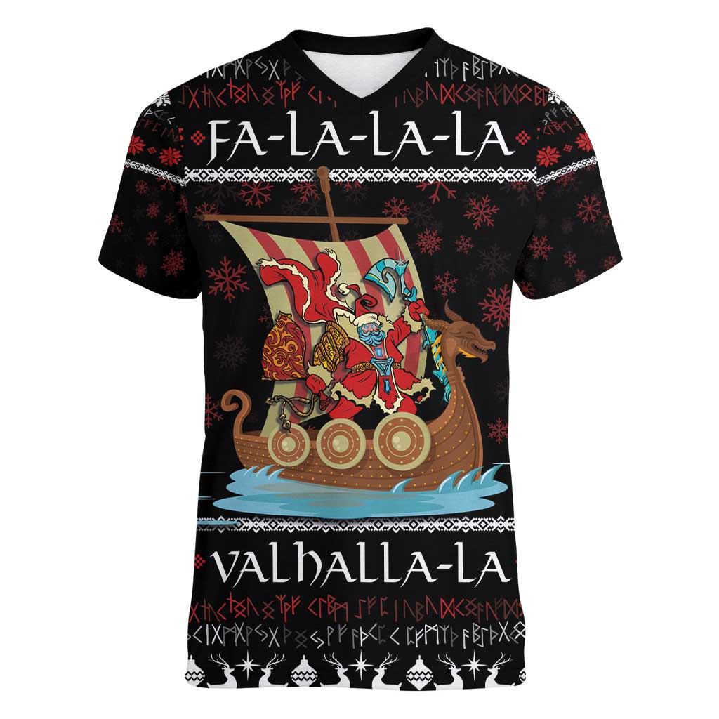 Vikings Christmas Women V-Neck T-Shirt Santa Warrior on The Viking Ship with Xmas and Snowflake Pattern