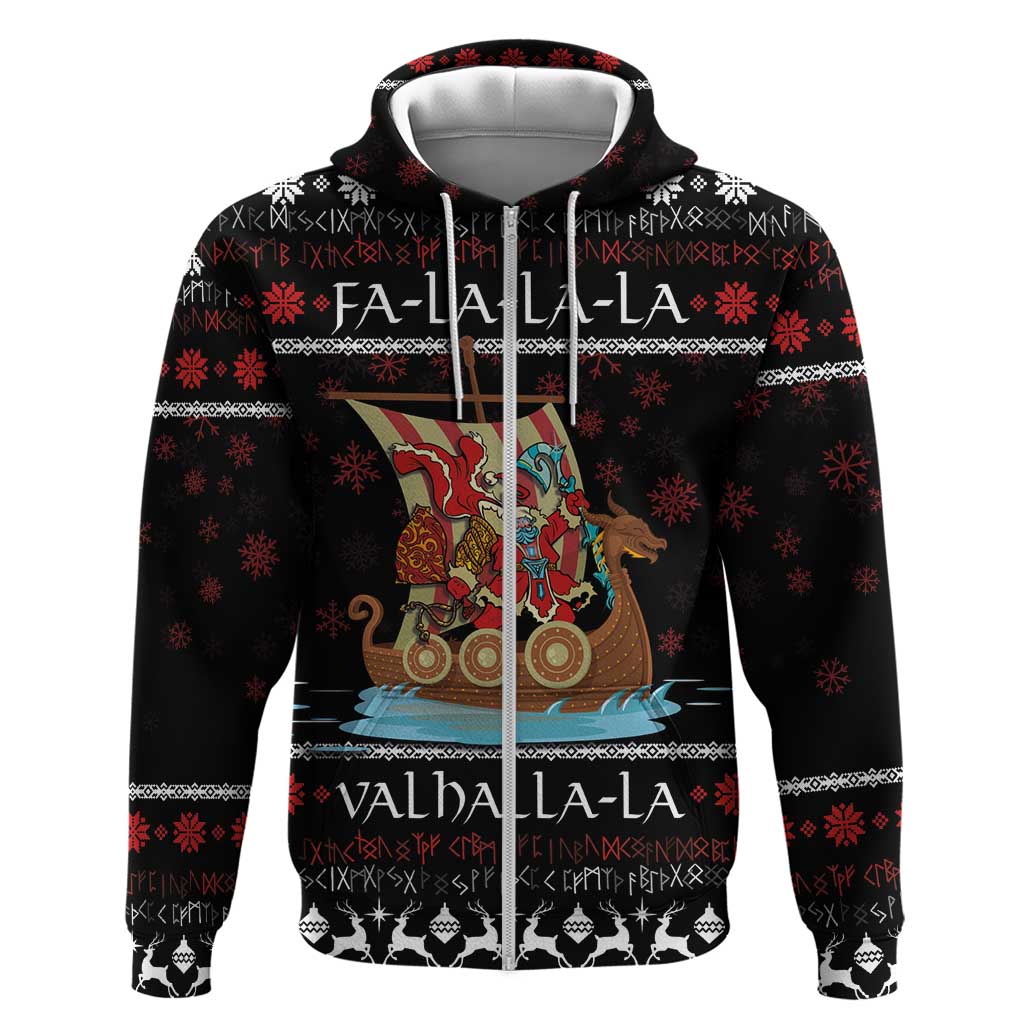 Vikings Christmas Zip Hoodie Santa Warrior on The Viking Ship with Xmas and Snowflake Pattern