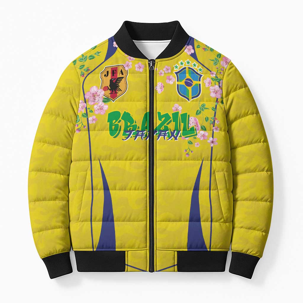 Custom Brazil Mashup Japan Football Cultural Bomber Puffer Jacket - Wonder Print Shop