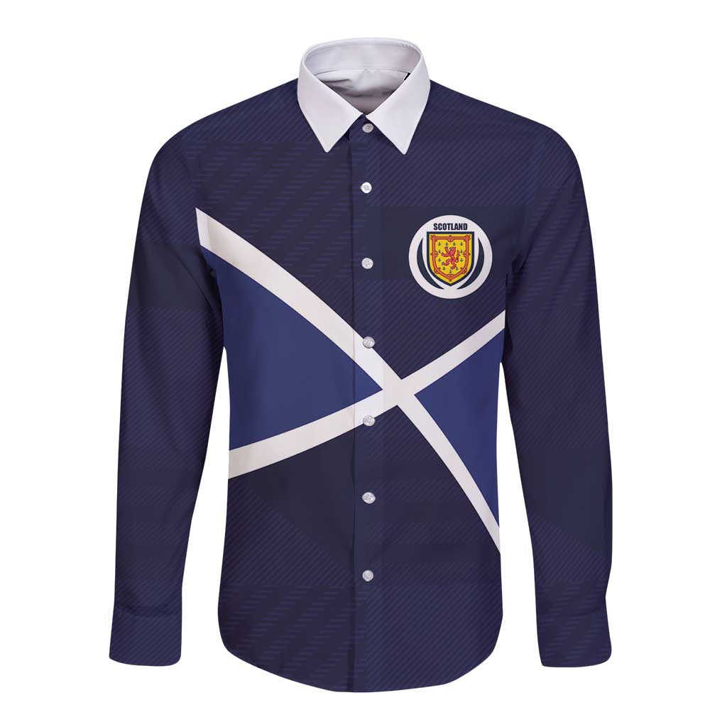 Custom Scotland Football Long Sleeve Button Shirt Tartan Patchwork Pattern Scottish Saltire Flag Style