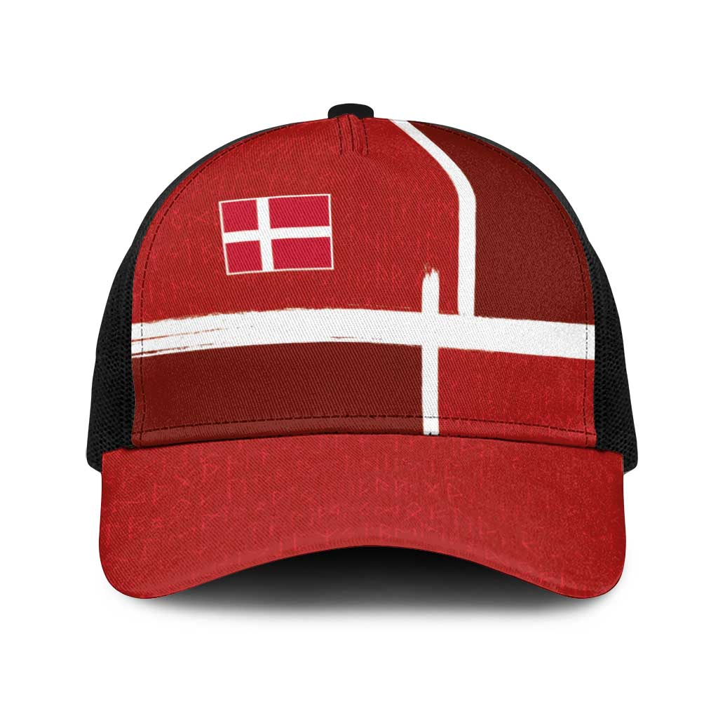 Denmark Football Baseball Net Cap Black Grunge Line and Rune Inspired Sporty Style