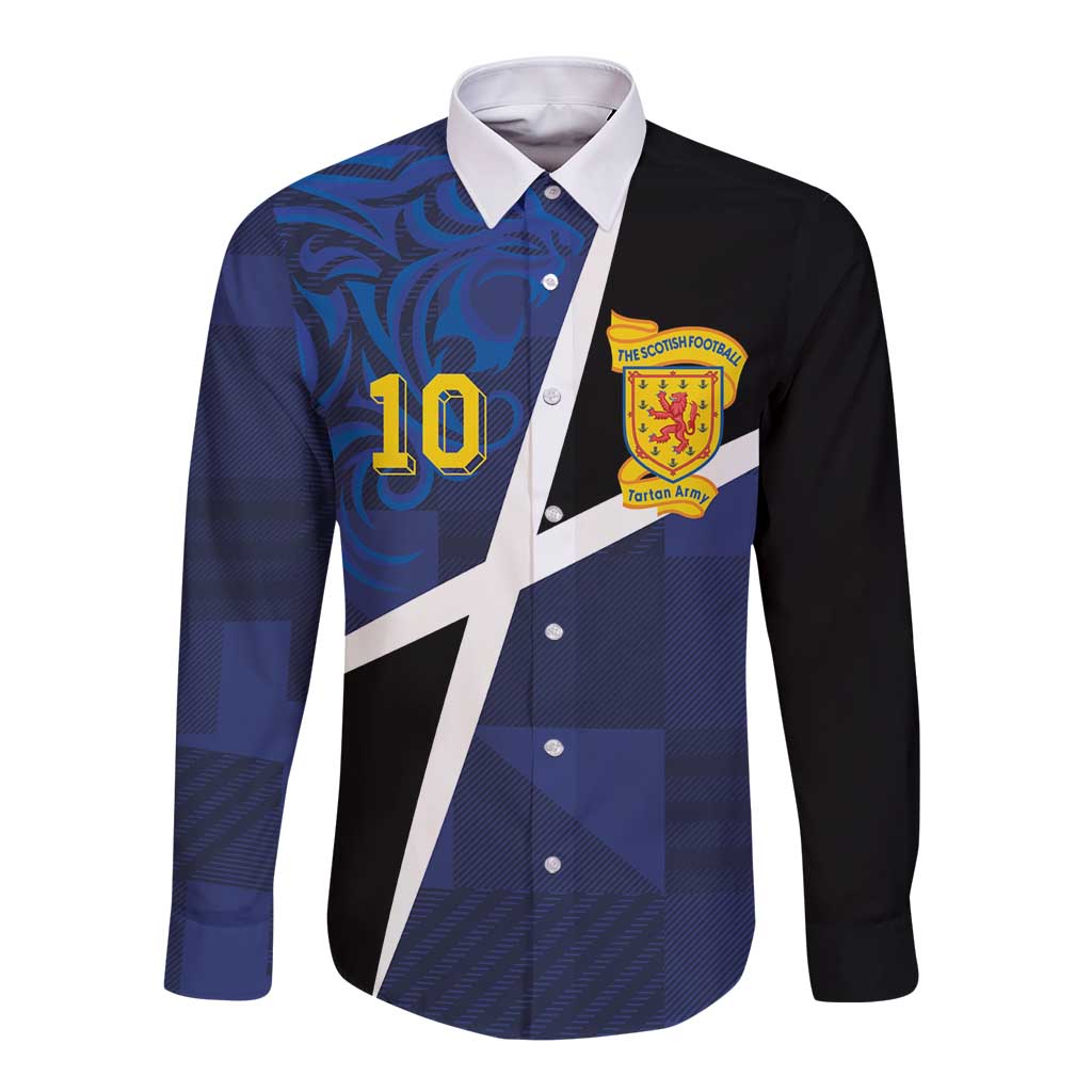 Custom Scottish Football Long Sleeve Button Shirt Lion and Tartan Patchwork Pattern