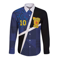 Custom Scottish Football Long Sleeve Button Shirt Lion and Tartan Patchwork Pattern