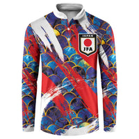 Men's Japan soccer button sweatshirt with JFA crest, blue red seigaiha and brush print