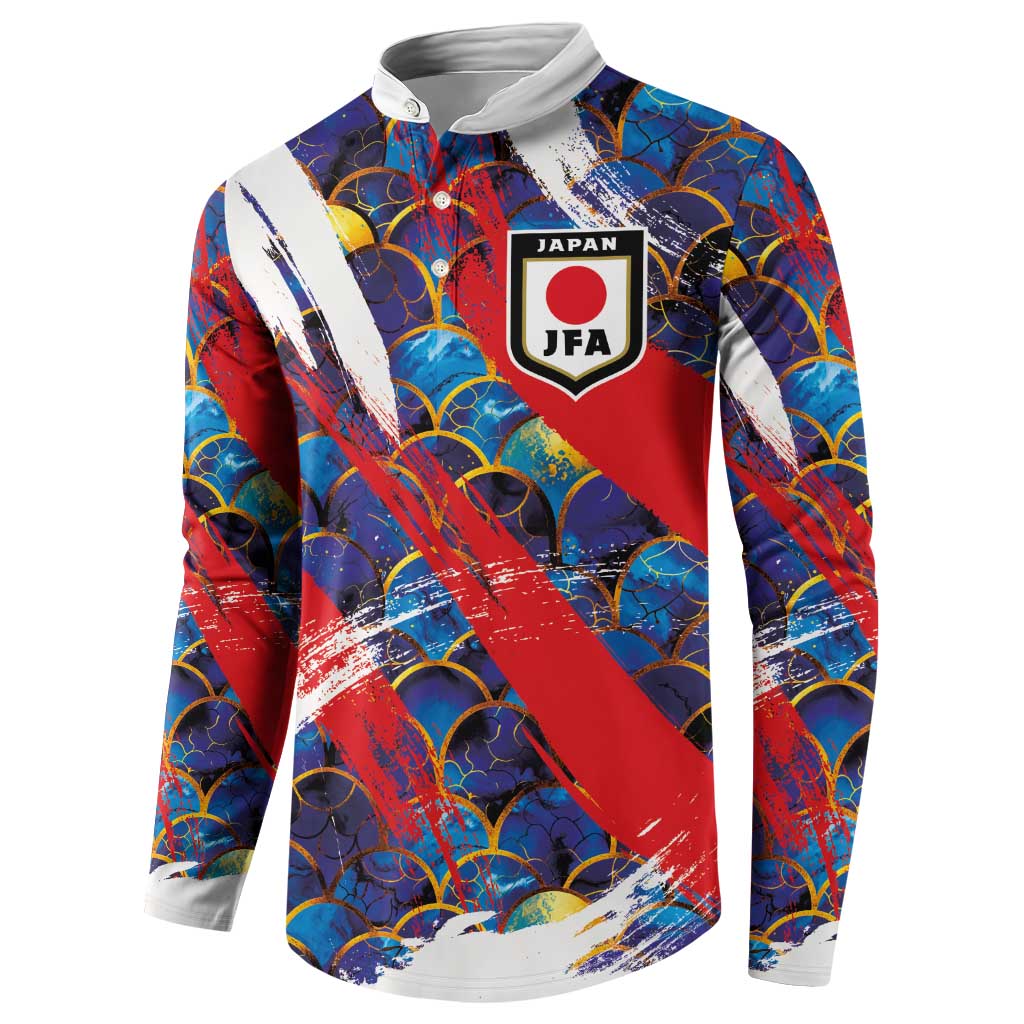 Men's Japan soccer button sweatshirt with JFA crest, blue red ocean wave brush design