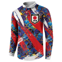 Men's Japan soccer button sweatshirt with JFA crest, blue red ocean wave brush design