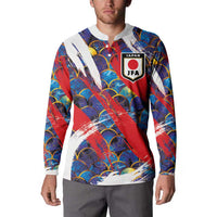 Men's Japan soccer button sweatshirt with JFA crest, blue red patterned brush design, long sleeves