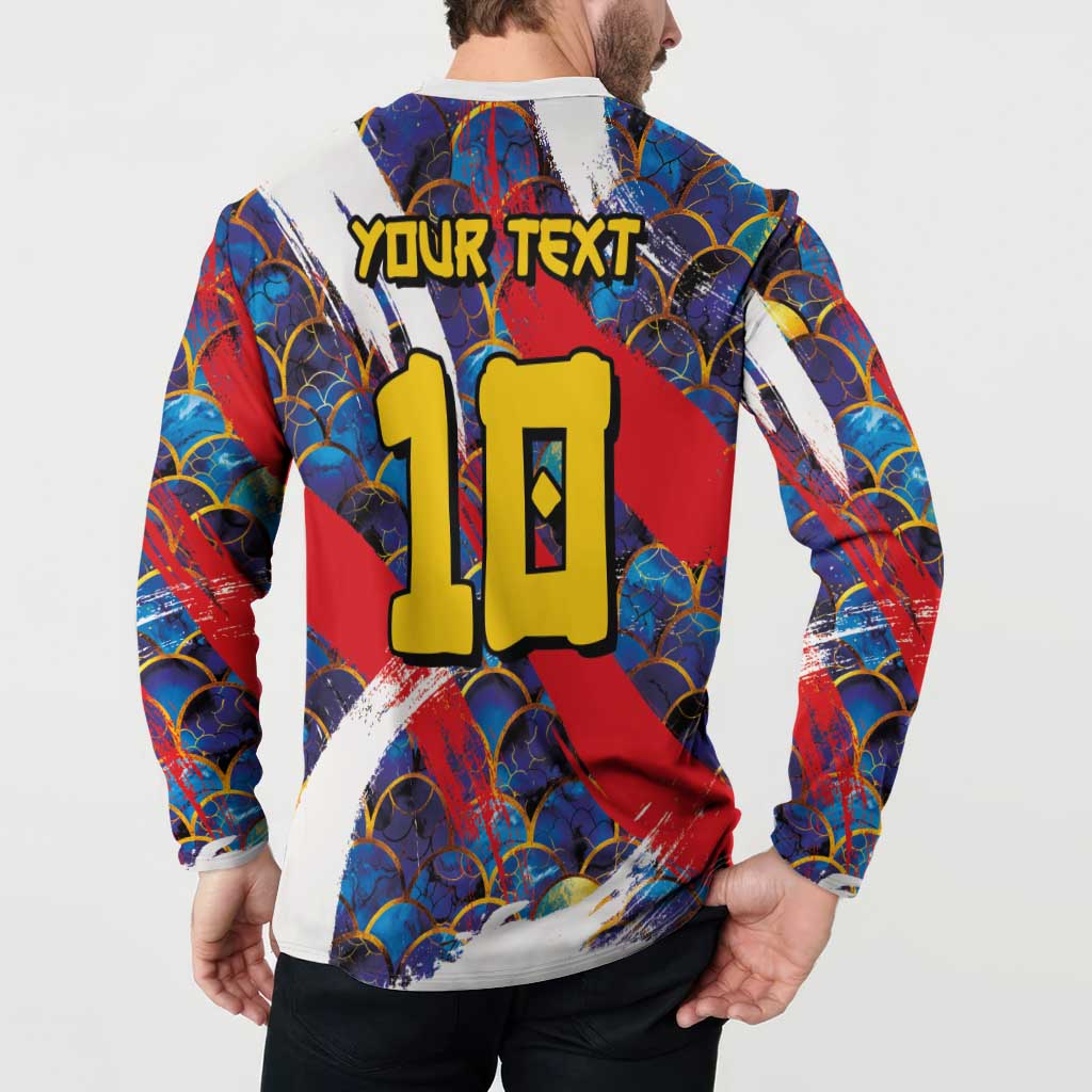 Men's Japan button sweatshirt back with 'YOUR TEXT' and large 19 graphic, blue red waves