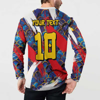 Men's Japan button sweatshirt back with 'YOUR TEXT' and large 19 graphic, blue red waves