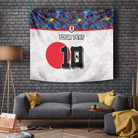 Football tapestry wall hanging with blue scale pattern top, red circle, and number graphic