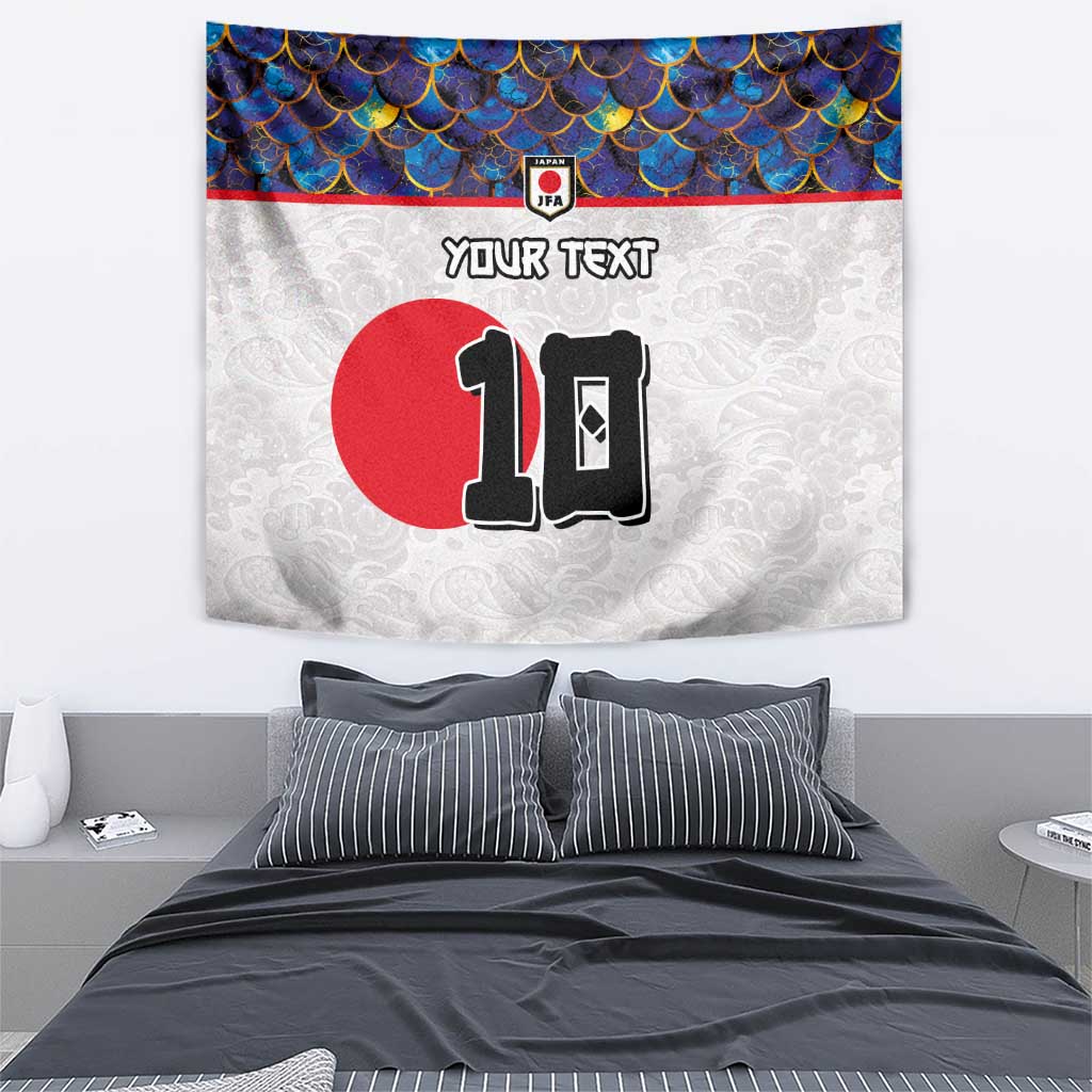 Football tapestry wall hanging with blue scallop border, red circle, and bold black 10 graphic