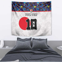 Football tapestry wall hanging with blue scallop border, red circle, and bold black 10 graphic