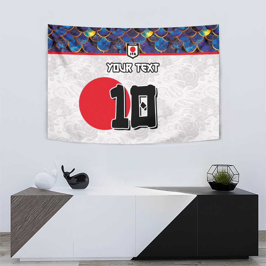 Football tapestry wall hanging showing blue scales, red circle, and “YOUR TEXT” above number