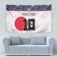 Football tapestry wall hanging with blue scale top border, red circle, and large 10 design