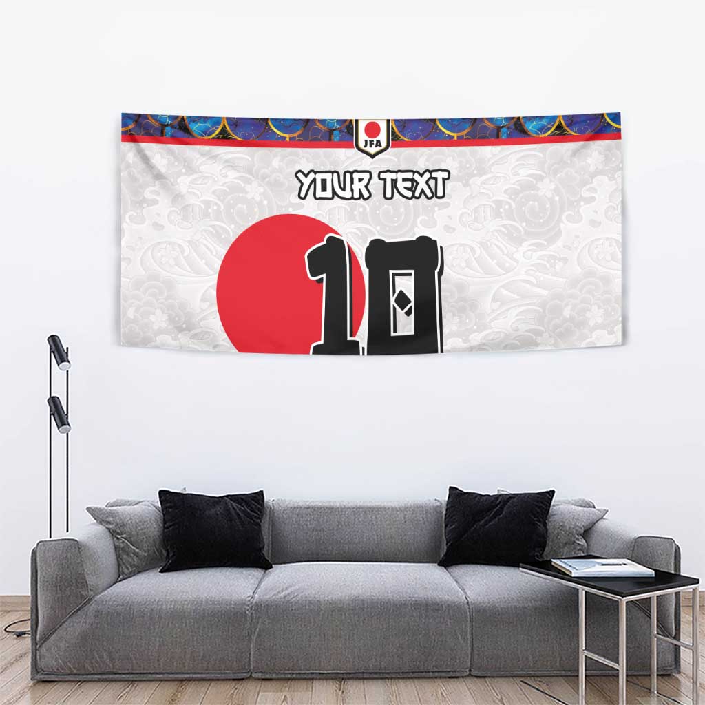 Football tapestry wall hanging with blue scales, red circle, and “YOUR TEXT” header
