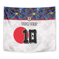 Football tapestry wall hanging close-up with blue scale top, red circle, and number graphic