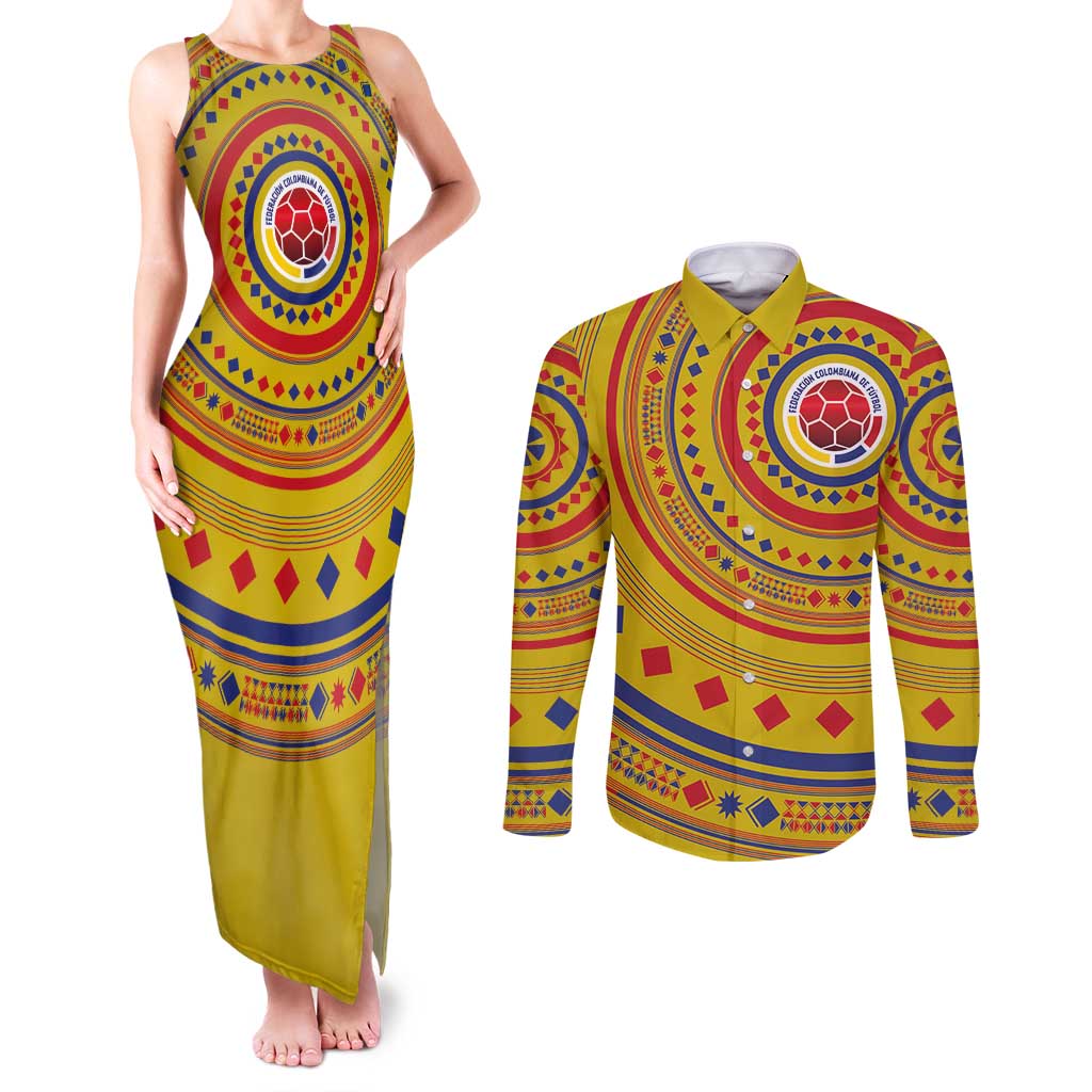 Custom Colombia Football Couples Matching Tank Maxi Dress and Long Sleeve Button Shirt Sporty Vueltiao Hat