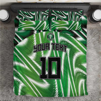 Green football bedding set with palm pattern and 'YOUR TEXT 10' design, pillowcases